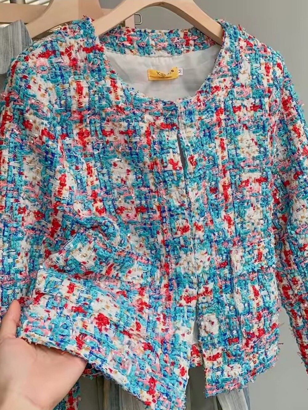 Multicolor Tweed Jacket - Women's Short Boxy Coat - Picture 2 of 7
